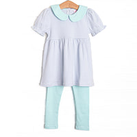  pairs light blue stripes with a mint green Peter Pan collar and matching piping. Coordinating mint green leggings to match. Made of 100% Pima cotton, 