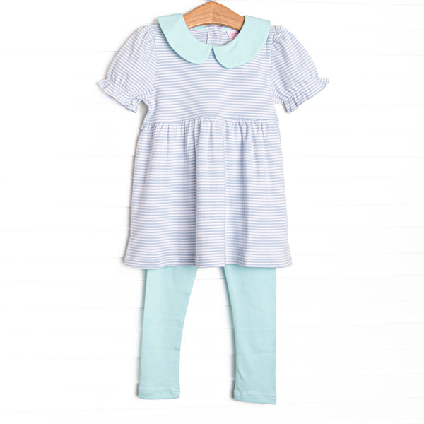  pairs light blue stripes with a mint green Peter Pan collar and matching piping. Coordinating mint green leggings to match. Made of 100% Pima cotton, 