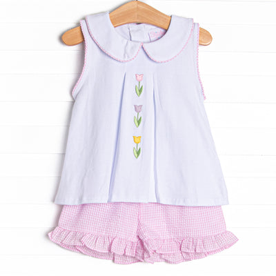 Tulip Tiers Embroidered Ruffle Short Set, Pink