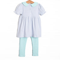 Marcella Puff Sleeve Pima Legging Set, Mint and Light Blue Stripe