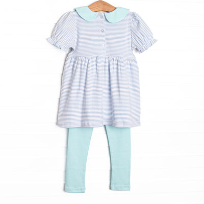 Marcella Puff Sleeve Pima Legging Set, Mint and Light Blue Stripe