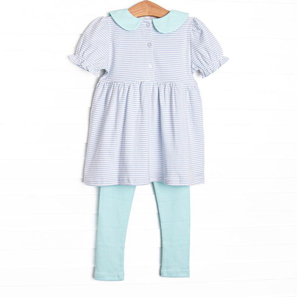 Marcella Puff Sleeve Pima Legging Set, Mint and Light Blue Stripe