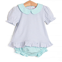 pairs light blue stripes with a mint green Peter Pan collar and matching piping. Coordinating mint green diaper cover to match. Made of 100% Pima cotton