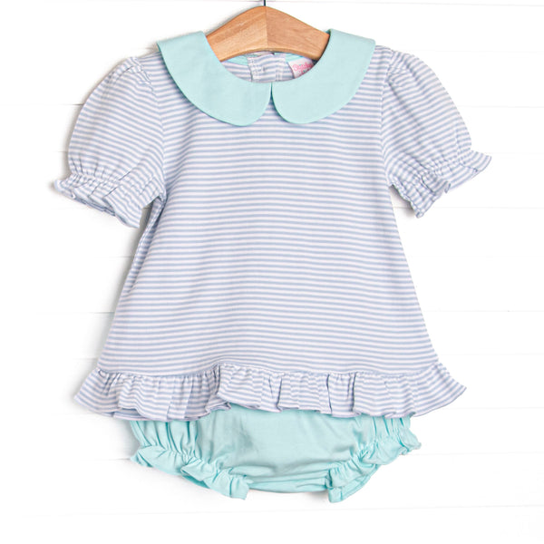 pairs light blue stripes with a mint green Peter Pan collar and matching piping. Coordinating mint green diaper cover to match. Made of 100% Pima cotton