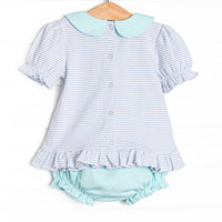 Marcella Puff Sleeve Pima Diaper Set, Mint and Light Blue Stripe