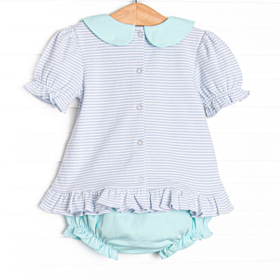 Marcella Puff Sleeve Pima Diaper Set, Mint and Light Blue Stripe