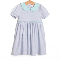 pairs light blue stripes with a mint green Peter Pan collar and matching piping. Made of 100% Pima cotton