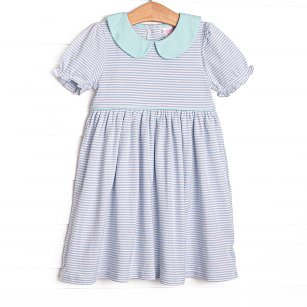 pairs light blue stripes with a mint green Peter Pan collar and matching piping. Made of 100% Pima cotton