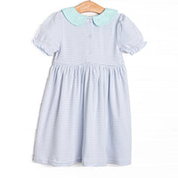 Marcella Puff Sleeve Pima Dress, Mint and Light Blue Stripe
