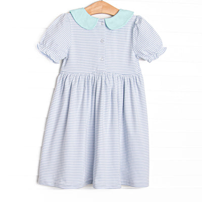 Marcella Puff Sleeve Pima Dress, Mint and Light Blue Stripe
