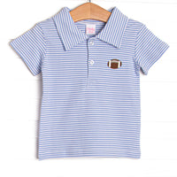 This precious top features blue stripes, a football embroidery, and the softest Pima cotton.