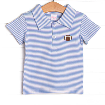 This precious top features blue stripes, a football embroidery, and the softest Pima cotton.