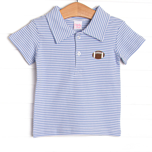 This precious top features blue stripes, a football embroidery, and the softest Pima cotton.