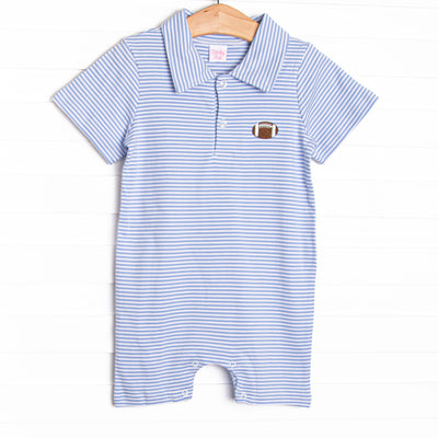 This precious set features blue stripes, a football embroidery, and the softest Pima cotton.