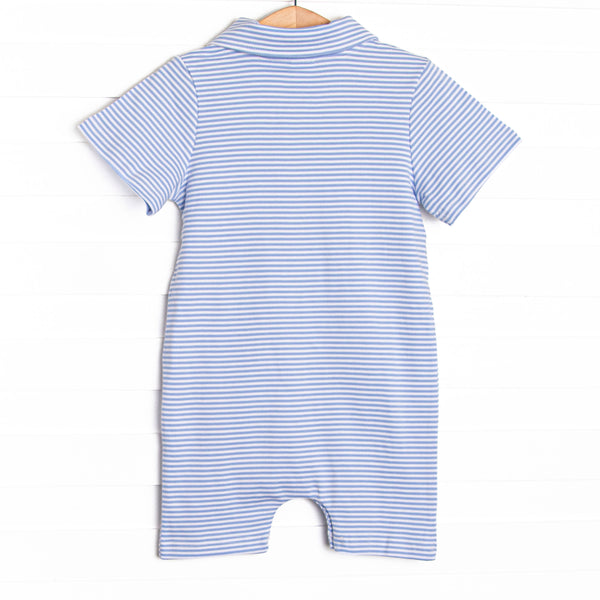 Football Pima Embroidered Short Romper, Blue