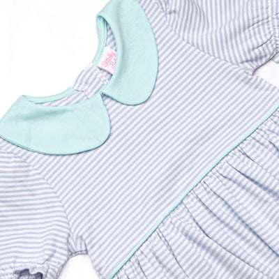 Marcella Puff Sleeve Pima Dress, Mint and Light Blue Stripe