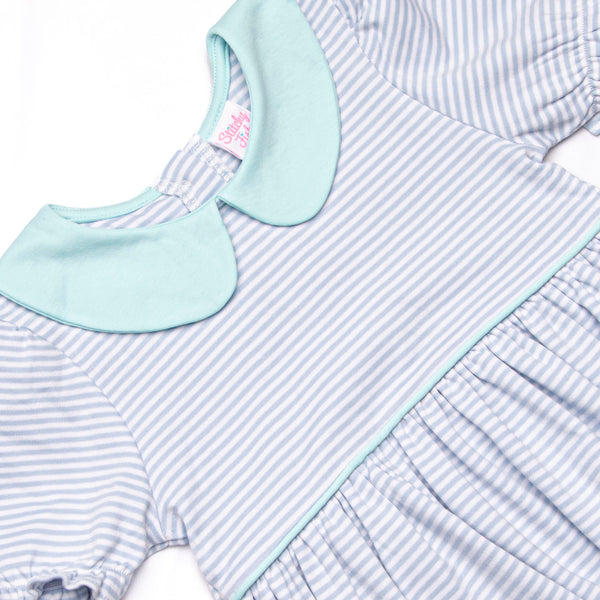 Marcella Puff Sleeve Pima Dress, Mint and Light Blue Stripe