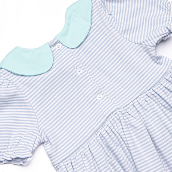 Marcella Puff Sleeve Pima Dress, Mint and Light Blue Stripe