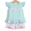 Minted Mouse Applique Ruffle Short Set, Green and Pink Seersucker