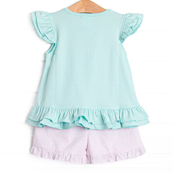 Minted Mouse Applique Ruffle Short Set, Green and Pink Seersucker