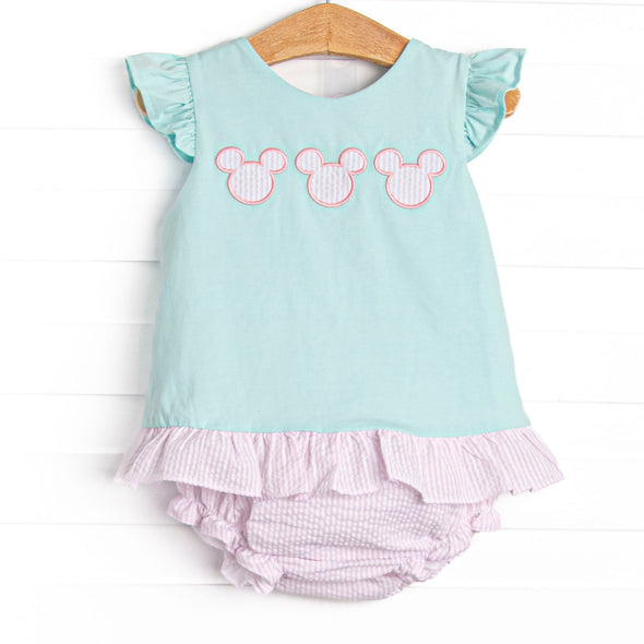 Minted Mouse Applique Ruffle Diaper Set, Green and Pink Seersucker