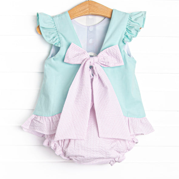 Minted Mouse Applique Ruffle Diaper Set, Green and Pink Seersucker