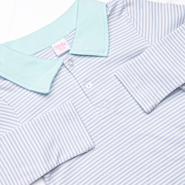 Preston Long Sleeve Pima Polo Short Set, Mint and Light Blue Stripe
