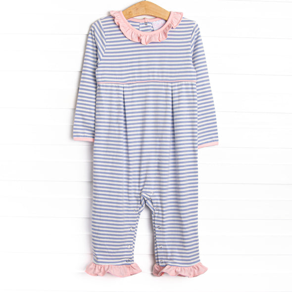 Lexie Ruffle Romper, Light Pink and Periwinkle Stripe