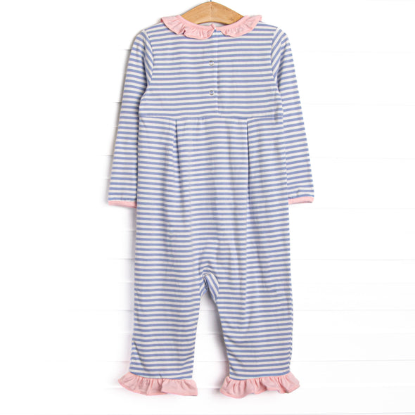 Lexie Ruffle Romper, Light Pink and Periwinkle Stripe
