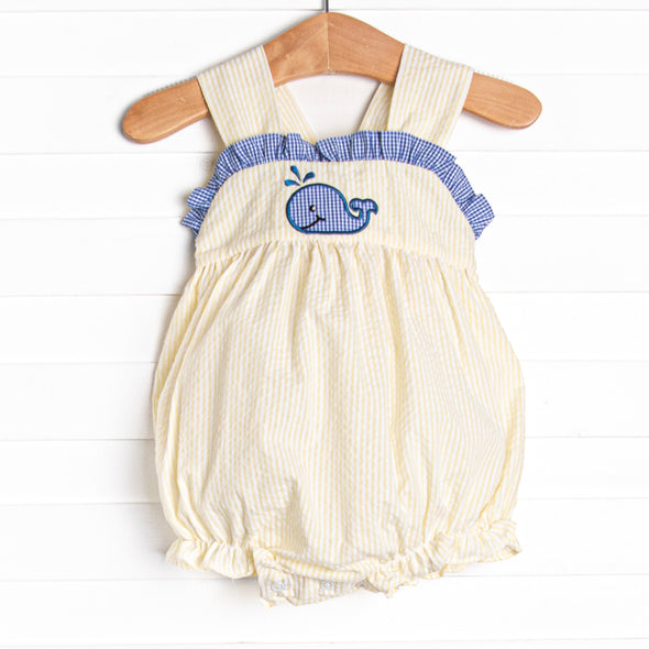 Whale's Tail Applique Bubble, Yellow Seersucker