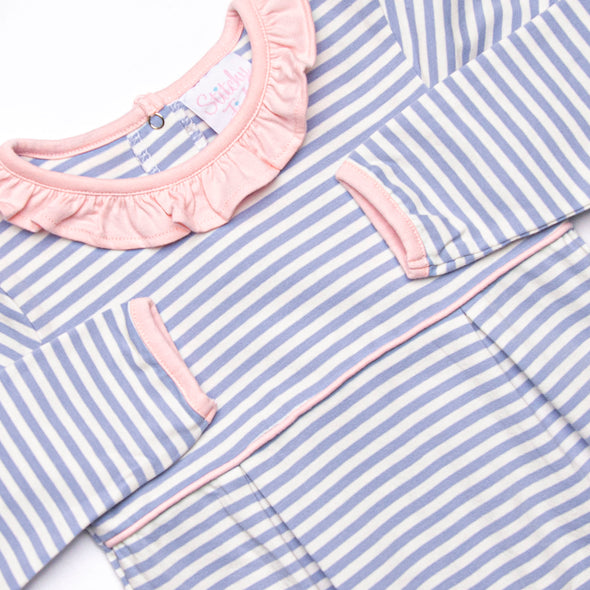 Lexie Ruffle Romper, Light Pink and Periwinkle Stripe
