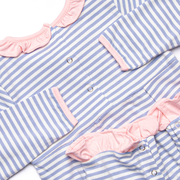 Lexie Ruffle Romper, Light Pink and Periwinkle Stripe