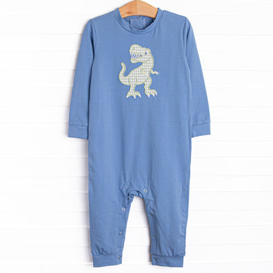 T-Rex Terror Applique Romper, Blue