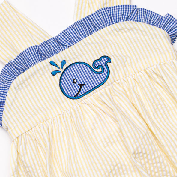 Whale's Tail Applique Bubble, Yellow Seersucker