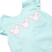 Minted Mouse Applique Ruffle Diaper Set, Green and Pink Seersucker
