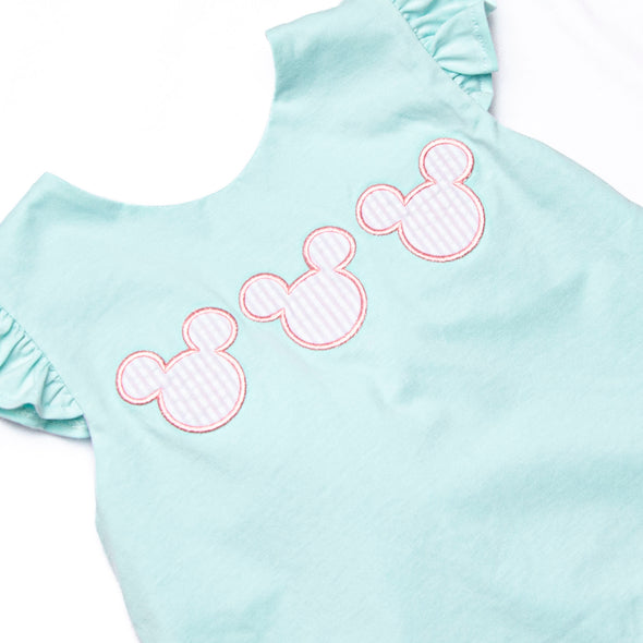 Minted Mouse Applique Ruffle Diaper Set, Green and Pink Seersucker