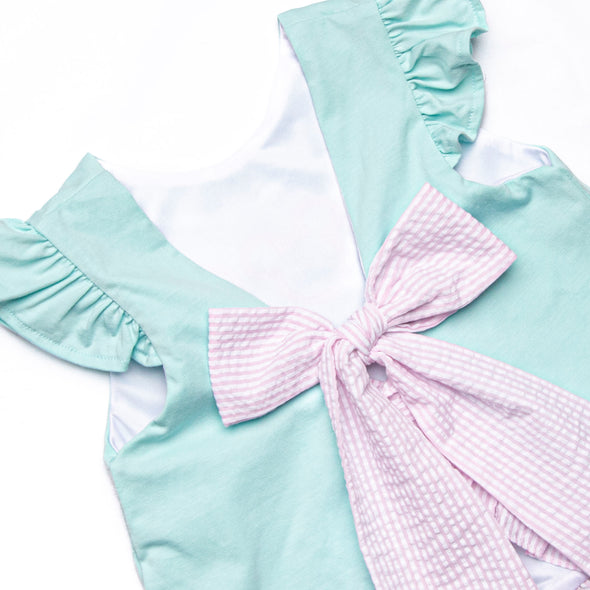 Minted Mouse Applique Ruffle Diaper Set, Green and Pink Seersucker