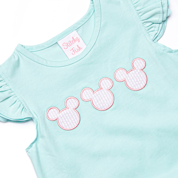 Minted Mouse Applique Ruffle Short Set, Green and Pink Seersucker