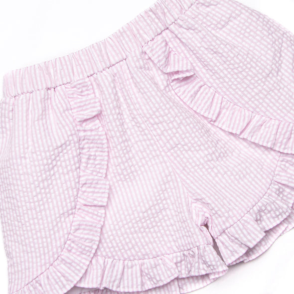 Minted Mouse Applique Ruffle Short Set, Green and Pink Seersucker