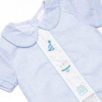 Happy Birthday Embroidered Bloomer Set, Blue Seersucker