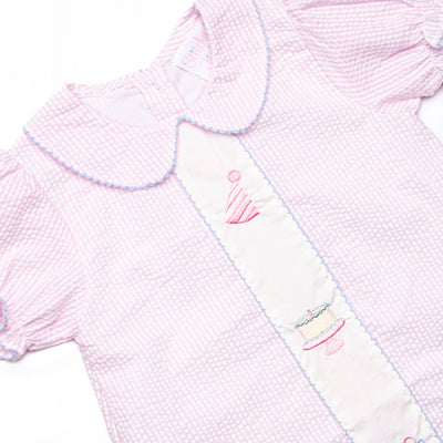 Happy Birthday Embroidered Dress, Pink Seersucker