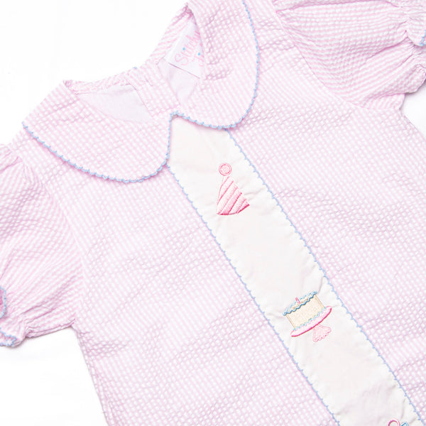 Happy Birthday Embroidered Dress, Pink Seersucker