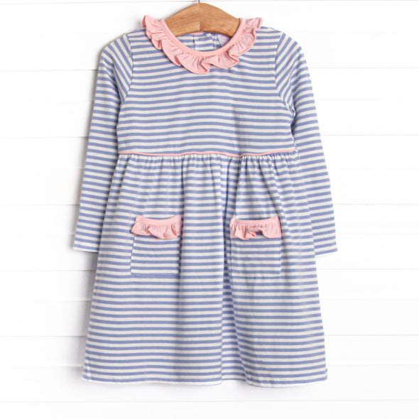 Zoe Ruffle Pocket Dress, Light Pink and Periwinkle Stripe