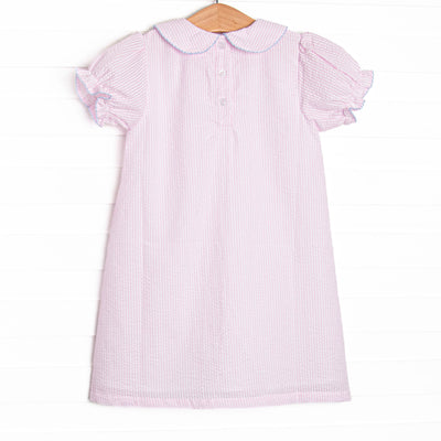 Happy Birthday Embroidered Dress, Pink Seersucker