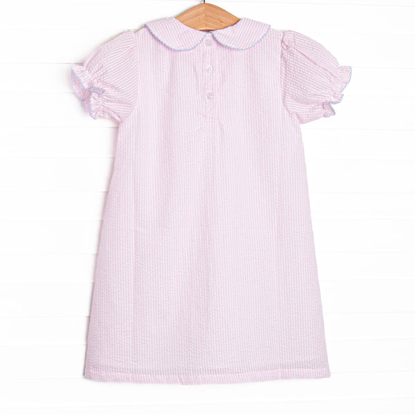 Happy Birthday Embroidered Dress, Pink Seersucker
