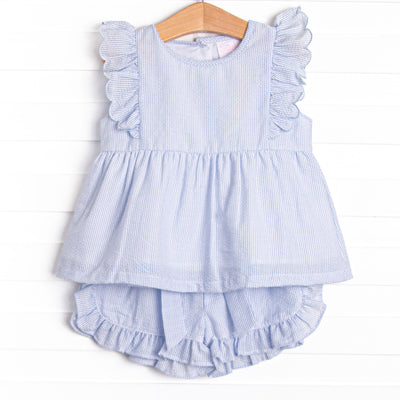 Southern Seersucker Ruffle Short Set, Blue