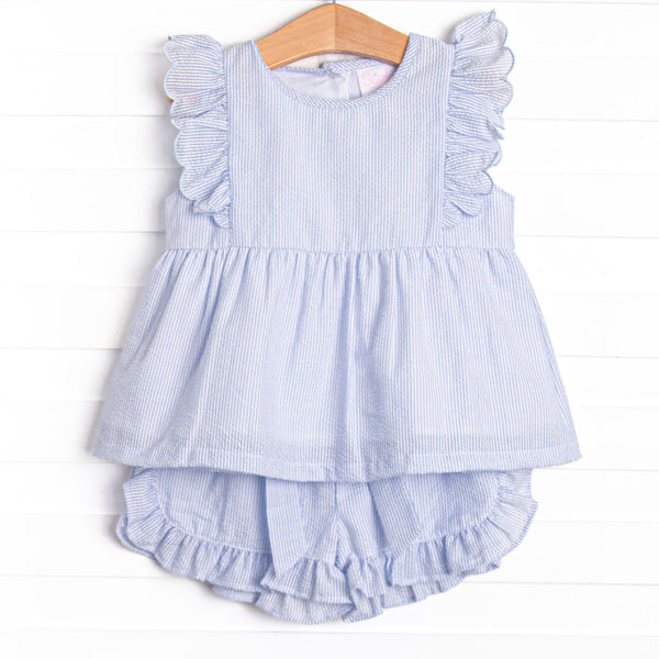 Southern Seersucker Ruffle Short Set, Blue