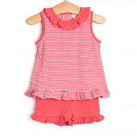  The set features a precious ruffle collar, sweet pink stripes, and breathable knit material. 