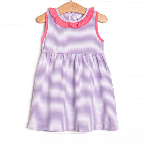 The dress&nbsp;features a precious ruffle collar, sweet&nbsp;purple&nbsp;stripes, and soft knit material.