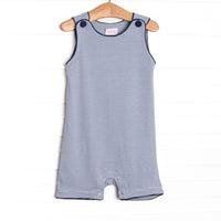 The romper features soft knit material, slate blue stripes, and snaps in the stride to make changing a breeze.